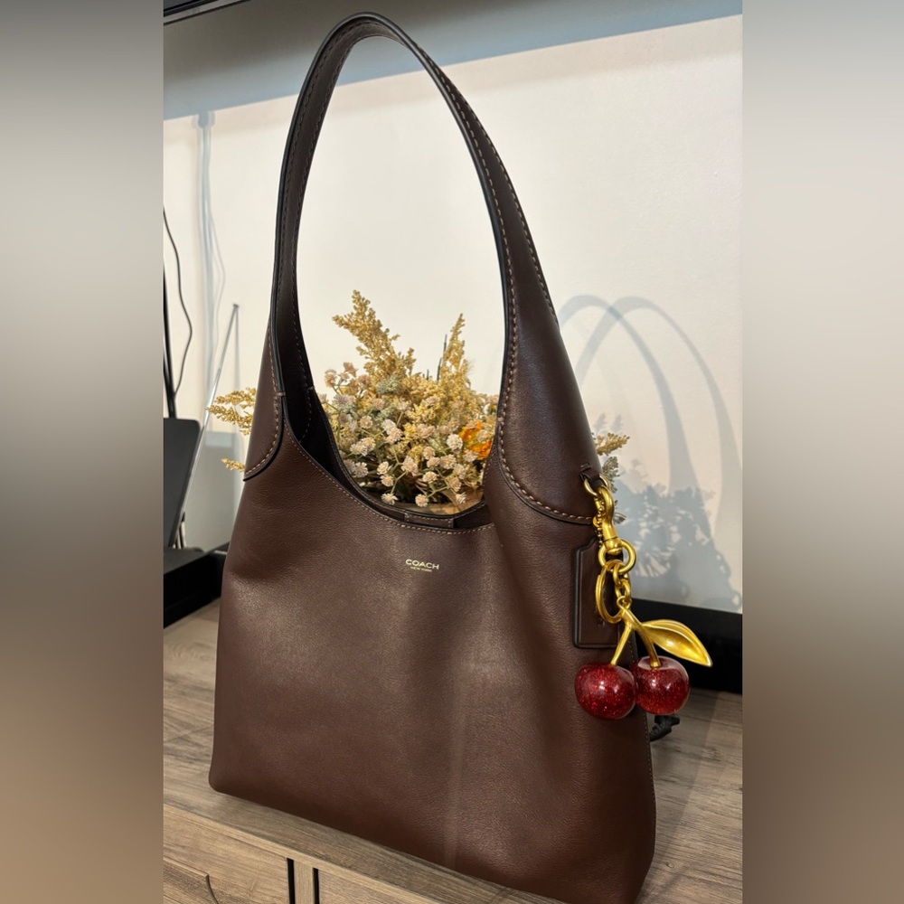 Coach Dark Brown Leather Shoulder Bag with Cherry Charm